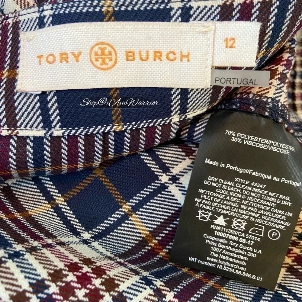 Tory Burch pleated navy, ivory & burgundy plaid skirt shop@iamwarrior